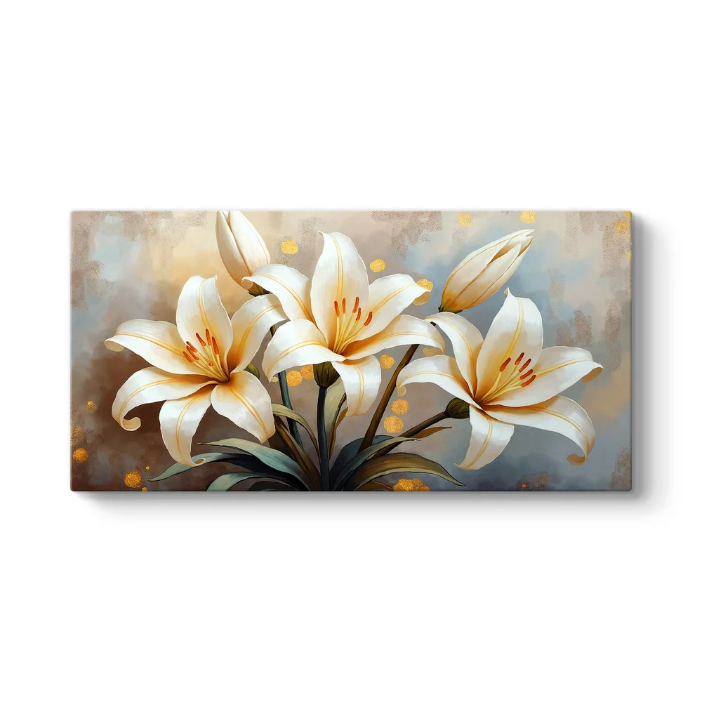 Altın Detaylı Beyaz Zambak Çiçekleri Kanvas Tablo